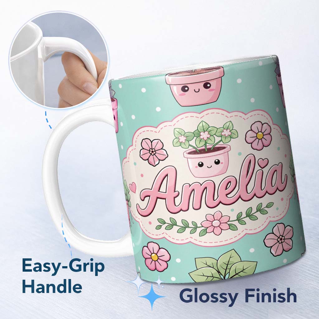 Personalized Custom Name Cute Kawaii Flower Pots Blossom Mint Background Seamless Pattern 11oz Ceramic Coffee Tea Mug White Large Handle