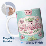 Personalized Custom Name Cute Kawaii Flower Pots Blossom Mint Background Seamless Pattern 11oz Ceramic Coffee Tea Mug White Large Handle