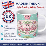 Personalized Custom Name Cute Kawaii Flower Pots Blossom Mint Background Seamless Pattern 11oz Ceramic Coffee Tea Mug White Large Handle