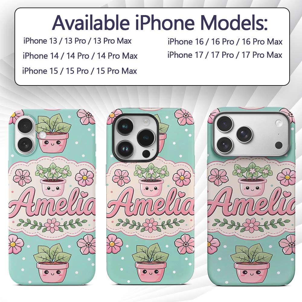 Cute Kawaii Flower Pots Blossom Mint Background Custom Name Protective Phone Case Mobile Cover Durable Everyday Smartphone Shock Resistant