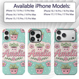 Cute Kawaii Flower Pots Blossom Mint Background Custom Name Protective Phone Case Mobile Cover Durable Everyday Smartphone Shock Resistant