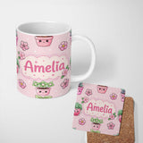 Personalized Custom Name Cute Kawaii Flower Pots Blossom Pink Background Seamless Pattern 11oz Ceramic Coffee Tea Mug White Large Handle