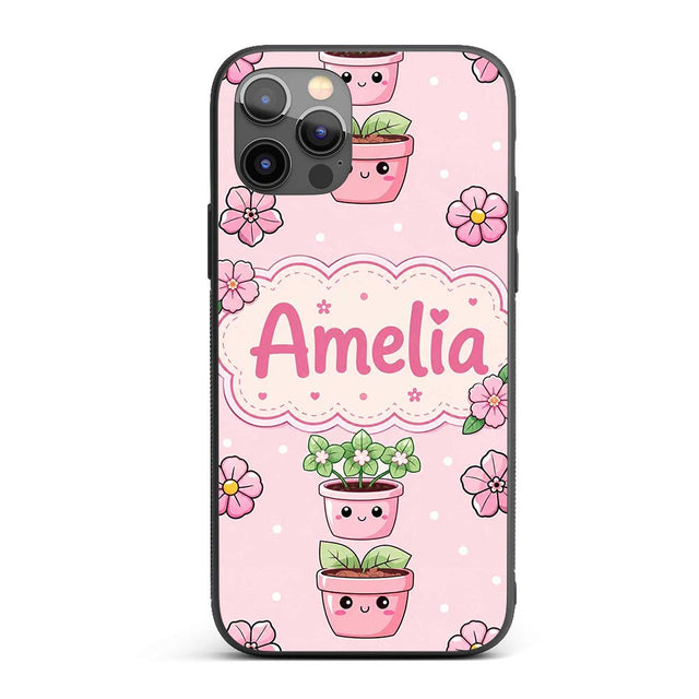 Cute Kawaii Flower Pots Blossom Pink Background Custom Name Protective Phone Case Mobile Cover Durable Everyday Smartphone Shock Resistant