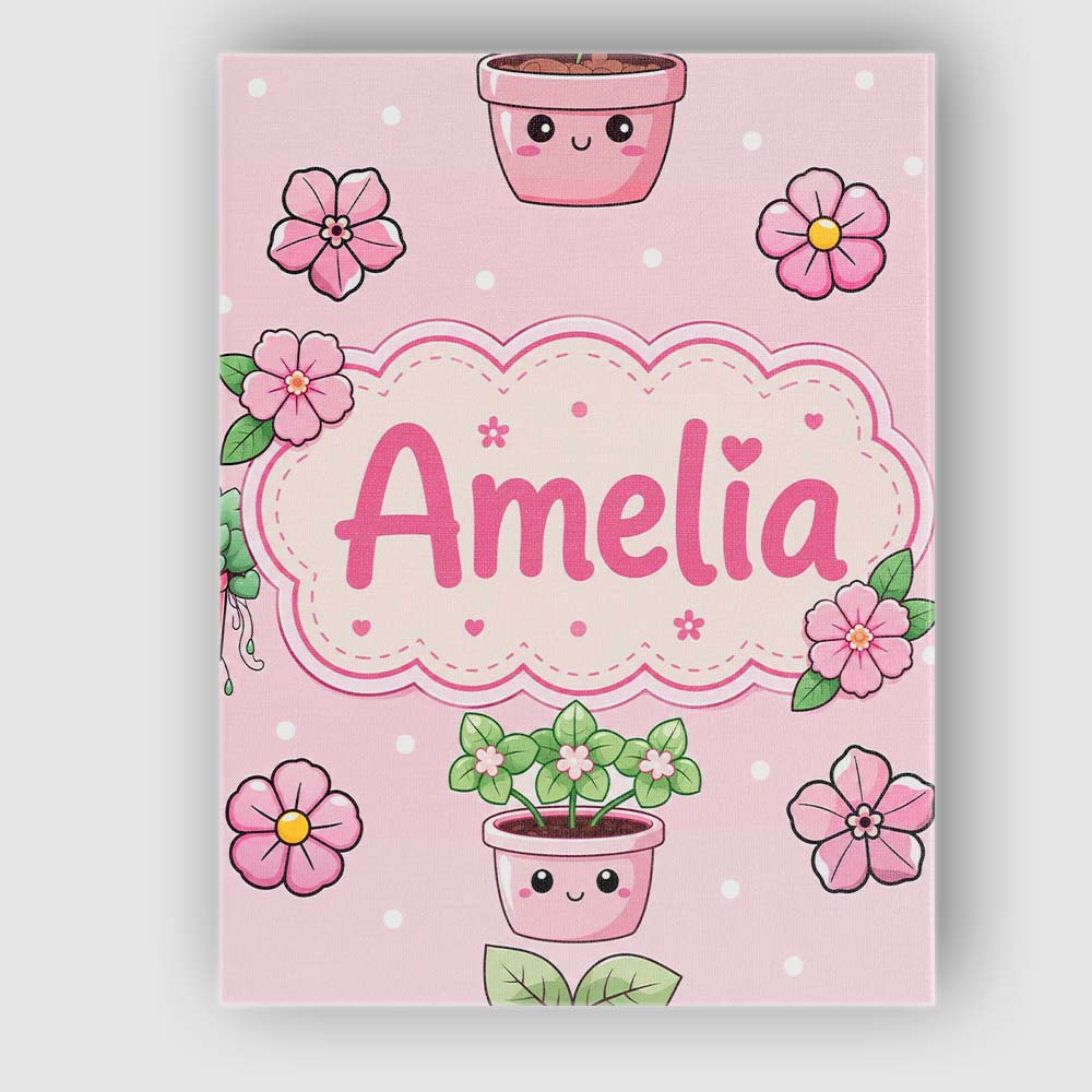 Personalised Name Cute Kawaii Flower Pots Custom  Unique Gift Idea Elegant Feature Canvas Wall Art Print Decor Picture Ready to Hang