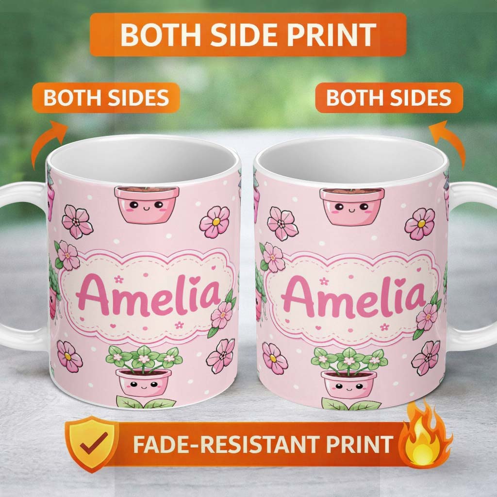 Personalized Custom Name Cute Kawaii Flower Pots Blossom Pink Background Seamless Pattern 11oz Ceramic Coffee Tea Mug White Large Handle