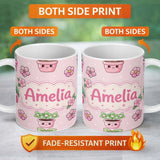 Personalized Custom Name Cute Kawaii Flower Pots Blossom Pink Background Seamless Pattern 11oz Ceramic Coffee Tea Mug White Large Handle