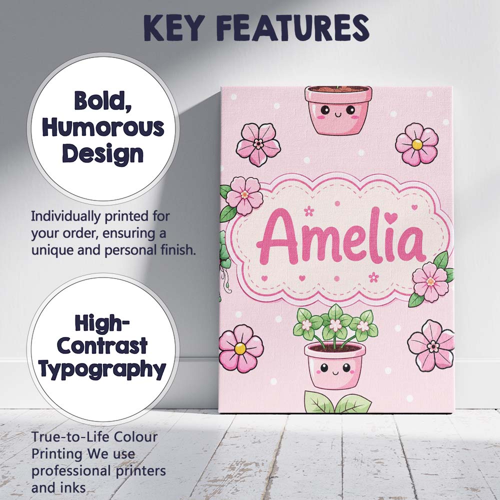 Personalised Name Cute Kawaii Flower Pots Custom  Unique Gift Idea Elegant Feature Canvas Wall Art Print Decor Picture Ready to Hang