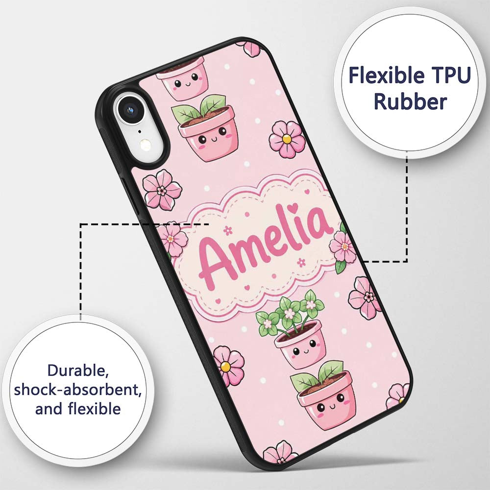 Cute Kawaii Flower Pots Blossom Pink Background Custom Name Protective Phone Case Mobile Cover Durable Everyday Smartphone Shock Resistant