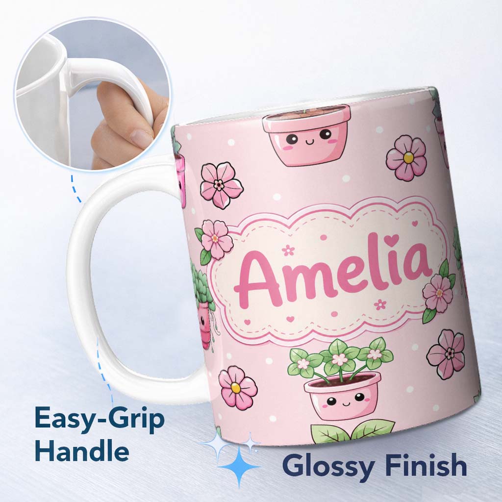 Personalized Custom Name Cute Kawaii Flower Pots Blossom Pink Background Seamless Pattern 11oz Ceramic Coffee Tea Mug White Large Handle