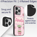 Cute Kawaii Flower Pots Blossom Pink Background Custom Name Protective Phone Case Mobile Cover Durable Everyday Smartphone Shock Resistant