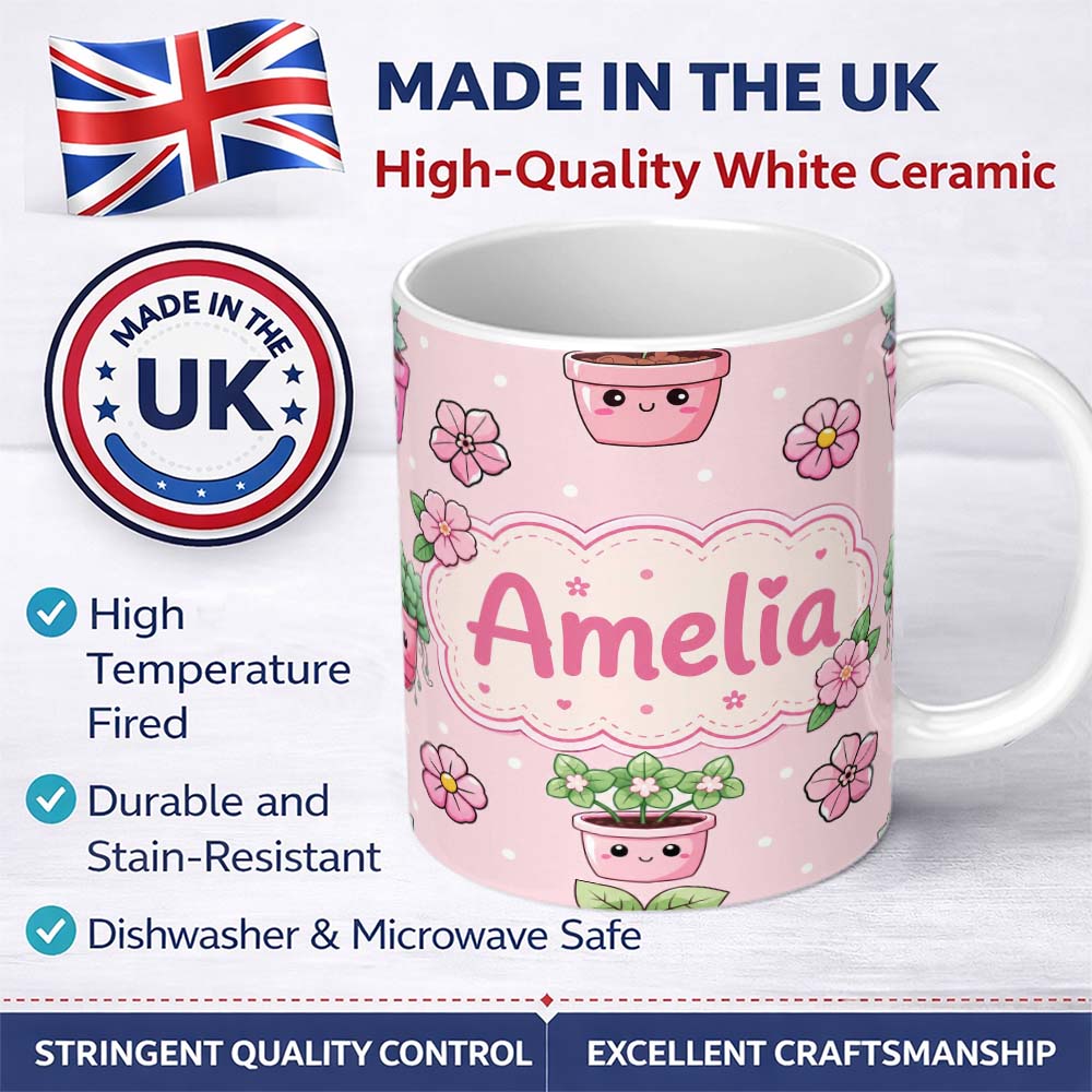 Personalized Custom Name Cute Kawaii Flower Pots Blossom Pink Background Seamless Pattern 11oz Ceramic Coffee Tea Mug White Large Handle