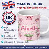 Personalized Custom Name Cute Kawaii Flower Pots Blossom Pink Background Seamless Pattern 11oz Ceramic Coffee Tea Mug White Large Handle