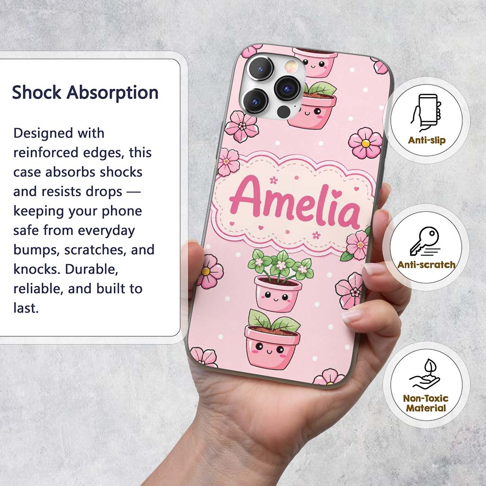 Cute Kawaii Flower Pots Blossom Pink Background Custom Name Protective Phone Case Mobile Cover Durable Everyday Smartphone Shock Resistant