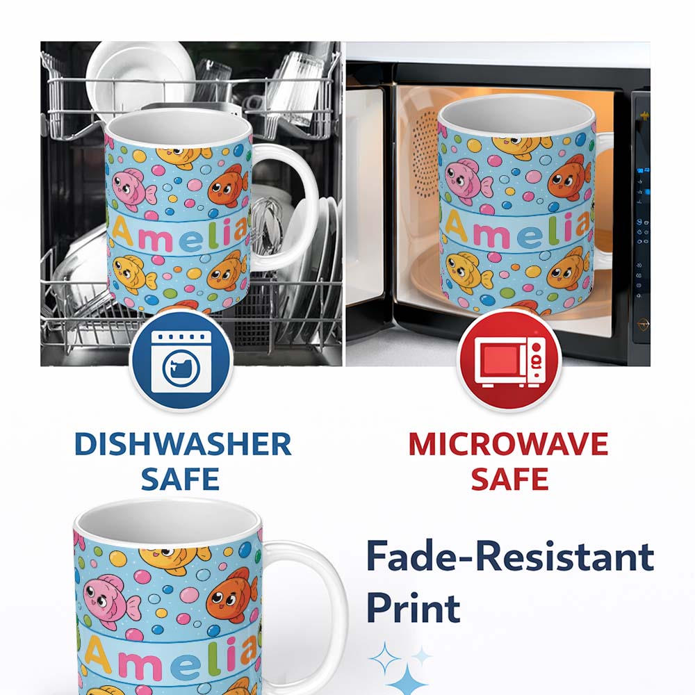 Personalized Custom Name Cute Colorful Fish Bubbles Underwater Kawaii Seamless Pattern Lovely 11oz Ceramic Coffee Tea Mug White Large Handle