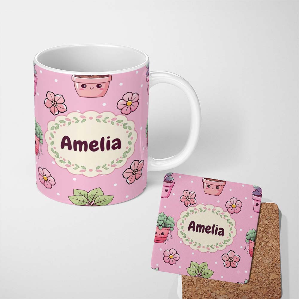 Personalized Custom Name Cute Kawaii Flower Pots Blossom Soft Pink Background Seamless 11oz Ceramic Coffee Tea Mug White Large Handle