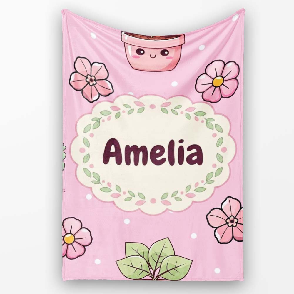 Cute Kawaii Flower Pots Blossom Soft Pink Background Seamless  Personalised Custom Name Super Soft Fleece Blanket Bed Sofa Throw