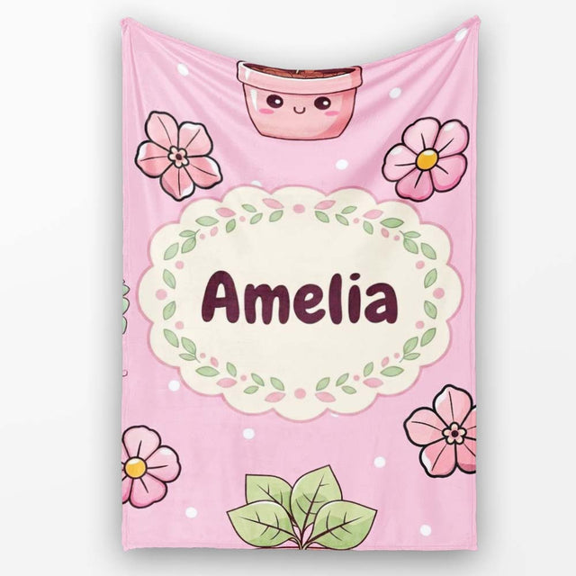 Cute Kawaii Flower Pots Blossom Soft Pink Background Seamless  Personalised Custom Name Super Soft Fleece Blanket Bed Sofa Throw