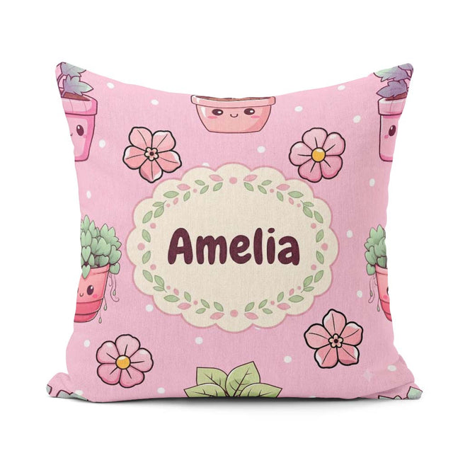 Custom Name Cute Kawaii Flower Pots Blossom Soft Pink Background Square Filled Cushion Throw Pillow Sofa Bed Home Decor Zip Washable UK Made