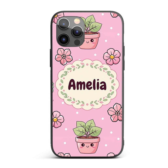 Cute Kawaii Flower Pots Blossom Printed Design Custom Name Protective Phone Case Mobile Cover Durable Everyday Smartphone Shock Resistant