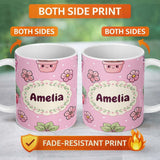 Personalized Custom Name Cute Kawaii Flower Pots Blossom Soft Pink Background Seamless 11oz Ceramic Coffee Tea Mug White Large Handle