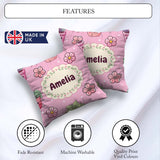Custom Name Cute Kawaii Flower Pots Blossom Soft Pink Background Square Filled Cushion Throw Pillow Sofa Bed Home Decor Zip Washable UK Made