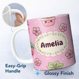 Personalized Custom Name Cute Kawaii Flower Pots Blossom Soft Pink Background Seamless 11oz Ceramic Coffee Tea Mug White Large Handle
