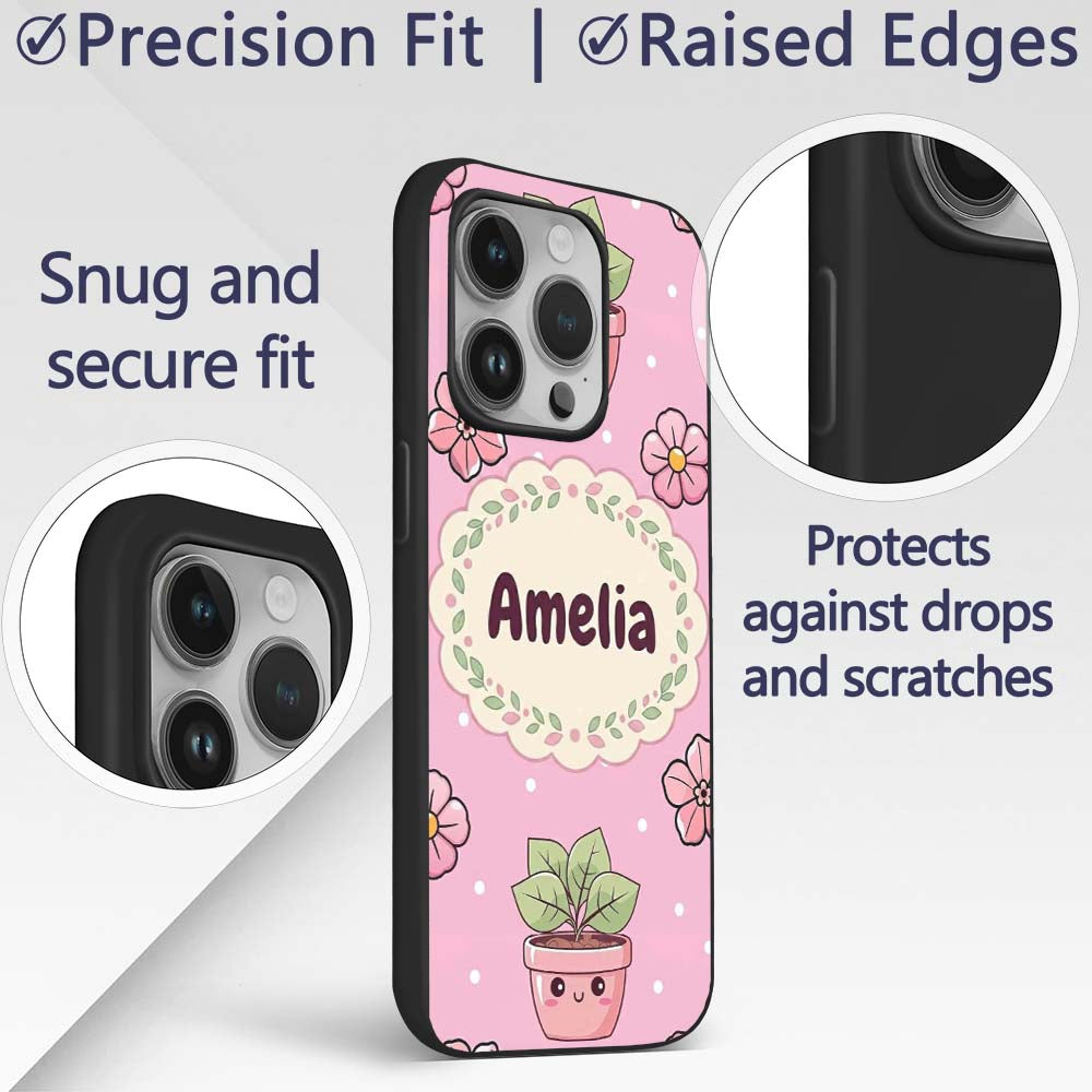 Cute Kawaii Flower Pots Blossom Printed Design Custom Name Protective Phone Case Mobile Cover Durable Everyday Smartphone Shock Resistant
