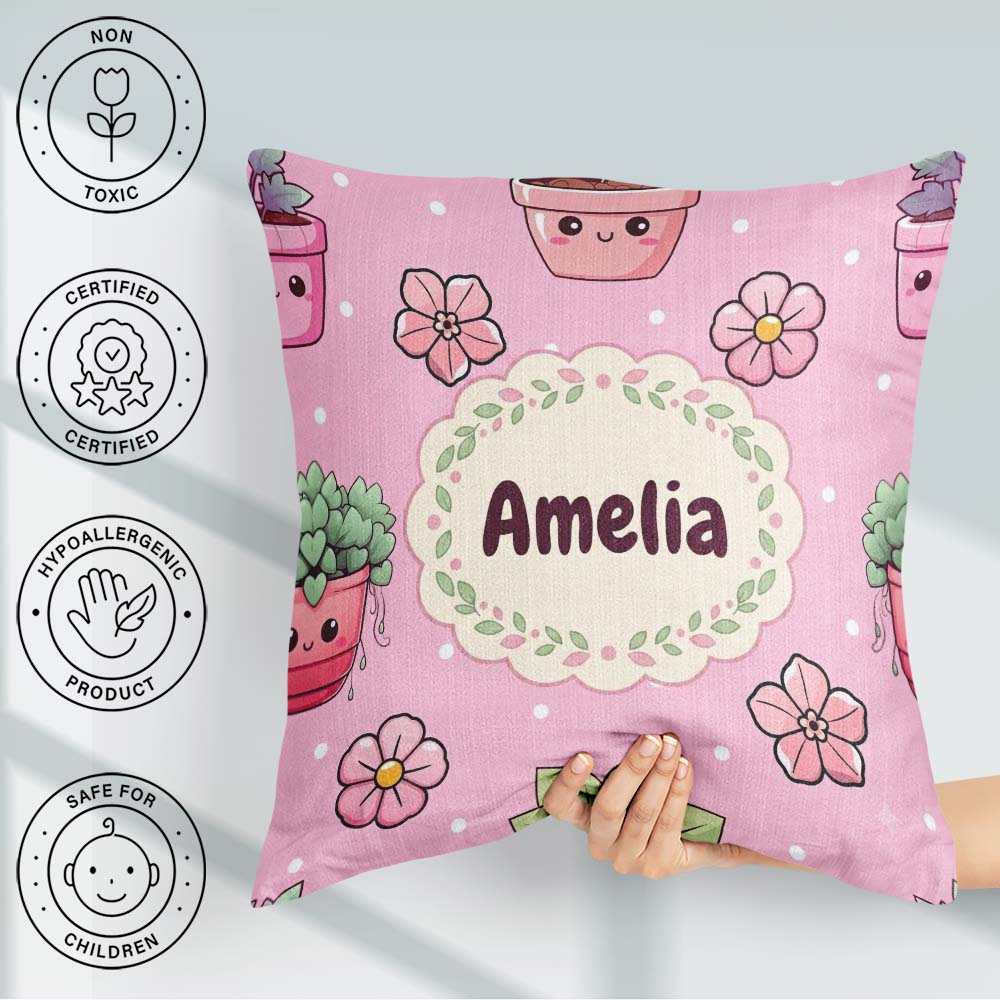 Custom Name Cute Kawaii Flower Pots Blossom Soft Pink Background Square Filled Cushion Throw Pillow Sofa Bed Home Decor Zip Washable UK Made