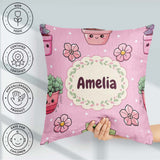 Custom Name Cute Kawaii Flower Pots Blossom Soft Pink Background Square Filled Cushion Throw Pillow Sofa Bed Home Decor Zip Washable UK Made