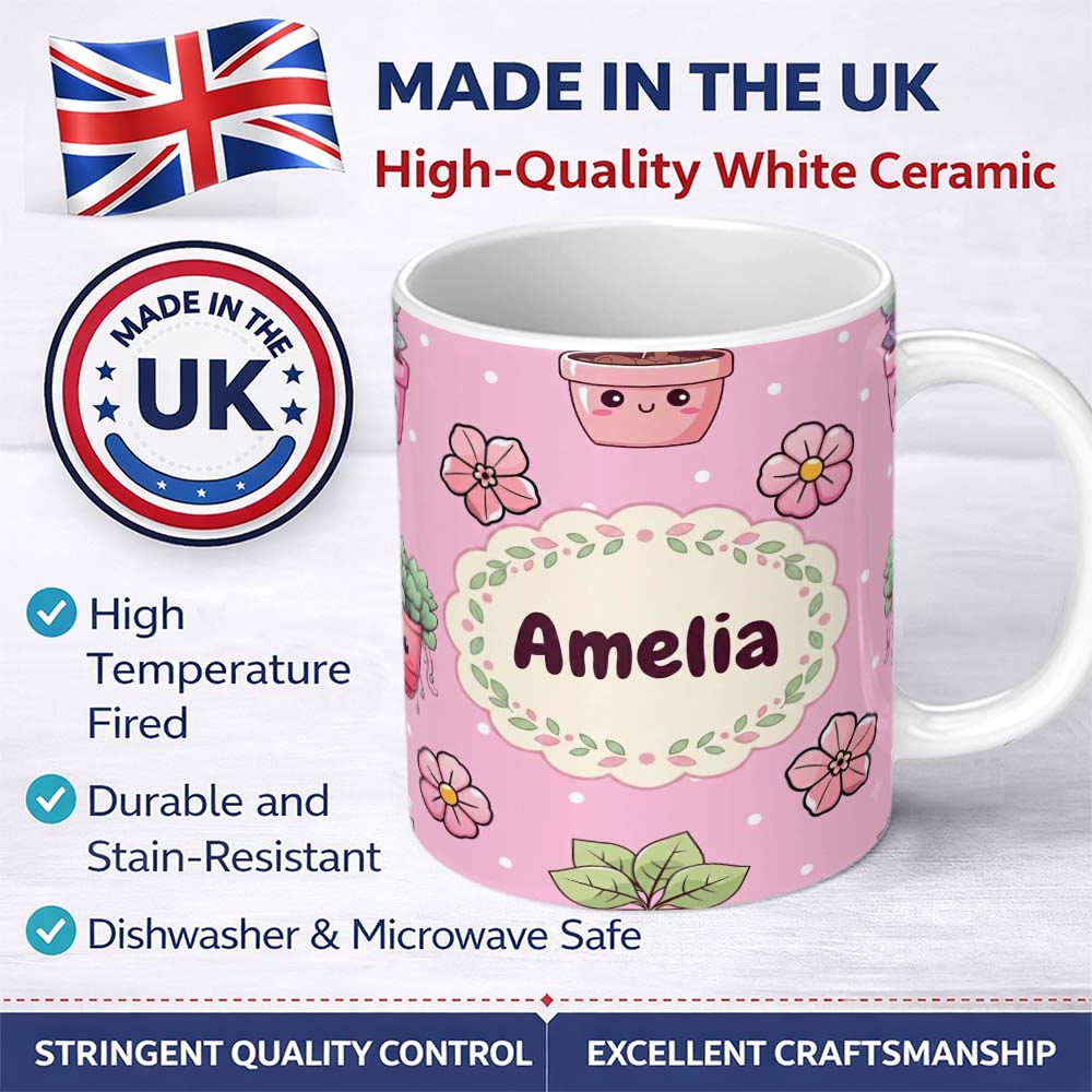 Personalized Custom Name Cute Kawaii Flower Pots Blossom Soft Pink Background Seamless 11oz Ceramic Coffee Tea Mug White Large Handle