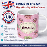 Personalized Custom Name Cute Kawaii Flower Pots Blossom Soft Pink Background Seamless 11oz Ceramic Coffee Tea Mug White Large Handle