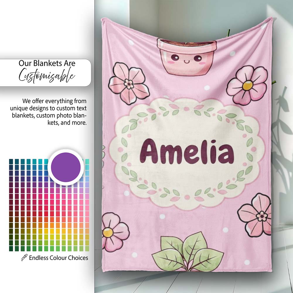 Cute Kawaii Flower Pots Blossom Soft Pink Background Seamless  Personalised Custom Name Super Soft Fleece Blanket Bed Sofa Throw