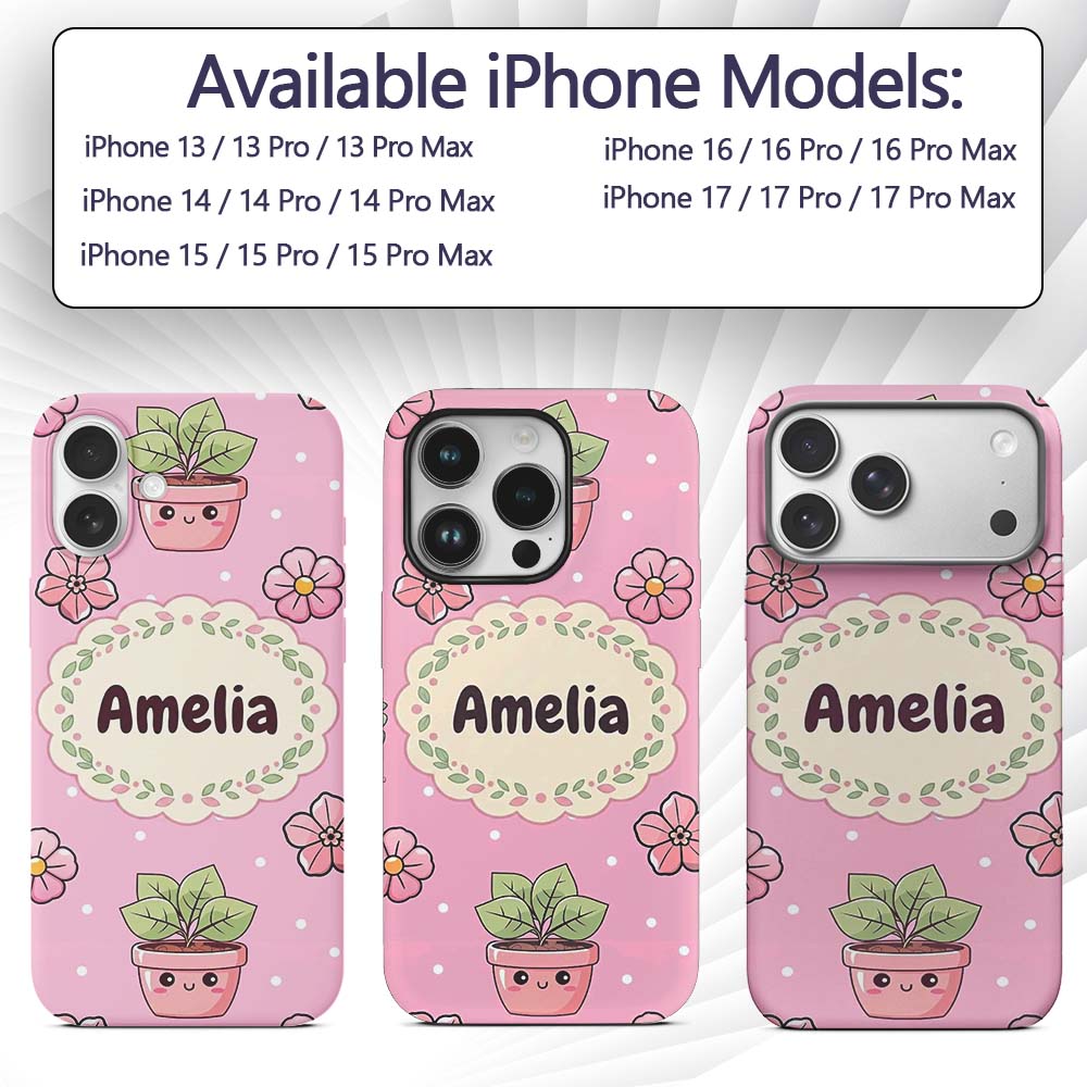 Cute Kawaii Flower Pots Blossom Printed Design Custom Name Protective Phone Case Mobile Cover Durable Everyday Smartphone Shock Resistant