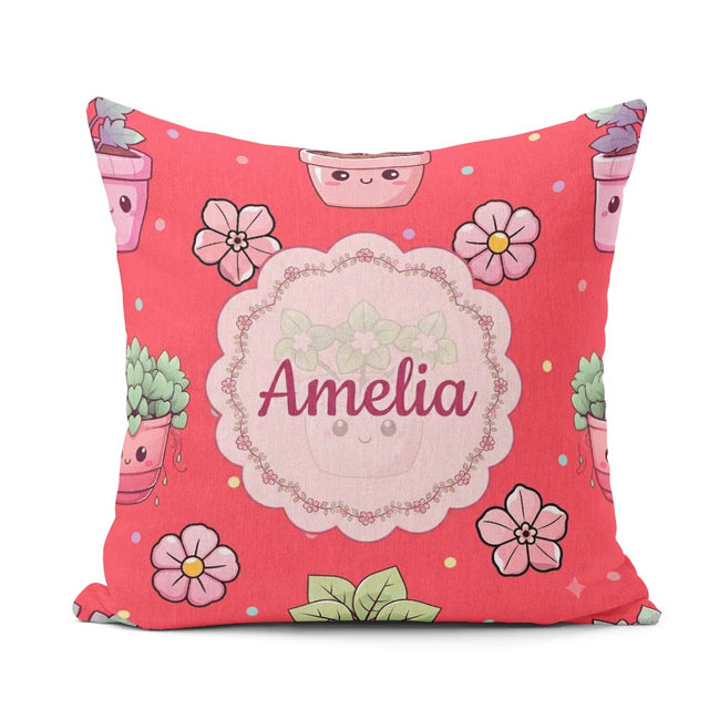 Custom Name Kawaii Flower Pots Blossom Red Seamless Pattern Name Square Filled Cushion Throw Pillow Sofa Bed Home Decor Zip Washable UK Made