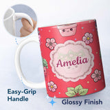 Personalized Custom Name Cute Kawaii Flower Pots Blossom Red Background Seamless Pattern Name 11oz Ceramic Coffee Tea Mug White Large Handle