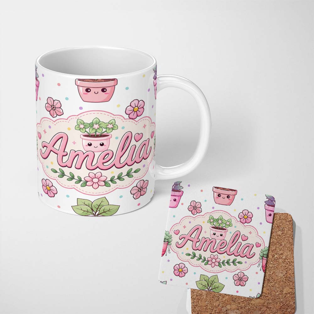 Personalized Custom Name Cute Kawaii Flower Pots Blossom Grey Background Seamless Pattern 11oz Ceramic Coffee Tea Mug White Large Handle