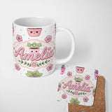 Personalized Custom Name Cute Kawaii Flower Pots Blossom Grey Background Seamless Pattern 11oz Ceramic Coffee Tea Mug White Large Handle