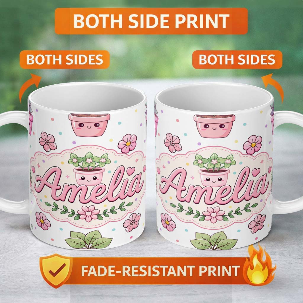 Personalized Custom Name Cute Kawaii Flower Pots Blossom Grey Background Seamless Pattern 11oz Ceramic Coffee Tea Mug White Large Handle