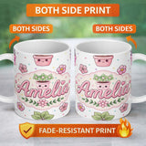 Personalized Custom Name Cute Kawaii Flower Pots Blossom Grey Background Seamless Pattern 11oz Ceramic Coffee Tea Mug White Large Handle