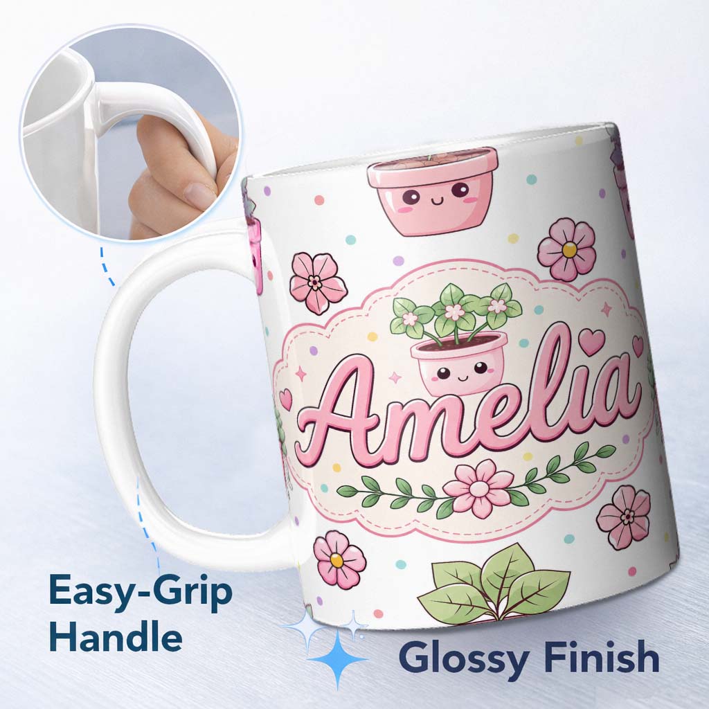 Personalized Custom Name Cute Kawaii Flower Pots Blossom Grey Background Seamless Pattern 11oz Ceramic Coffee Tea Mug White Large Handle