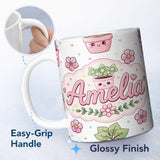Personalized Custom Name Cute Kawaii Flower Pots Blossom Grey Background Seamless Pattern 11oz Ceramic Coffee Tea Mug White Large Handle