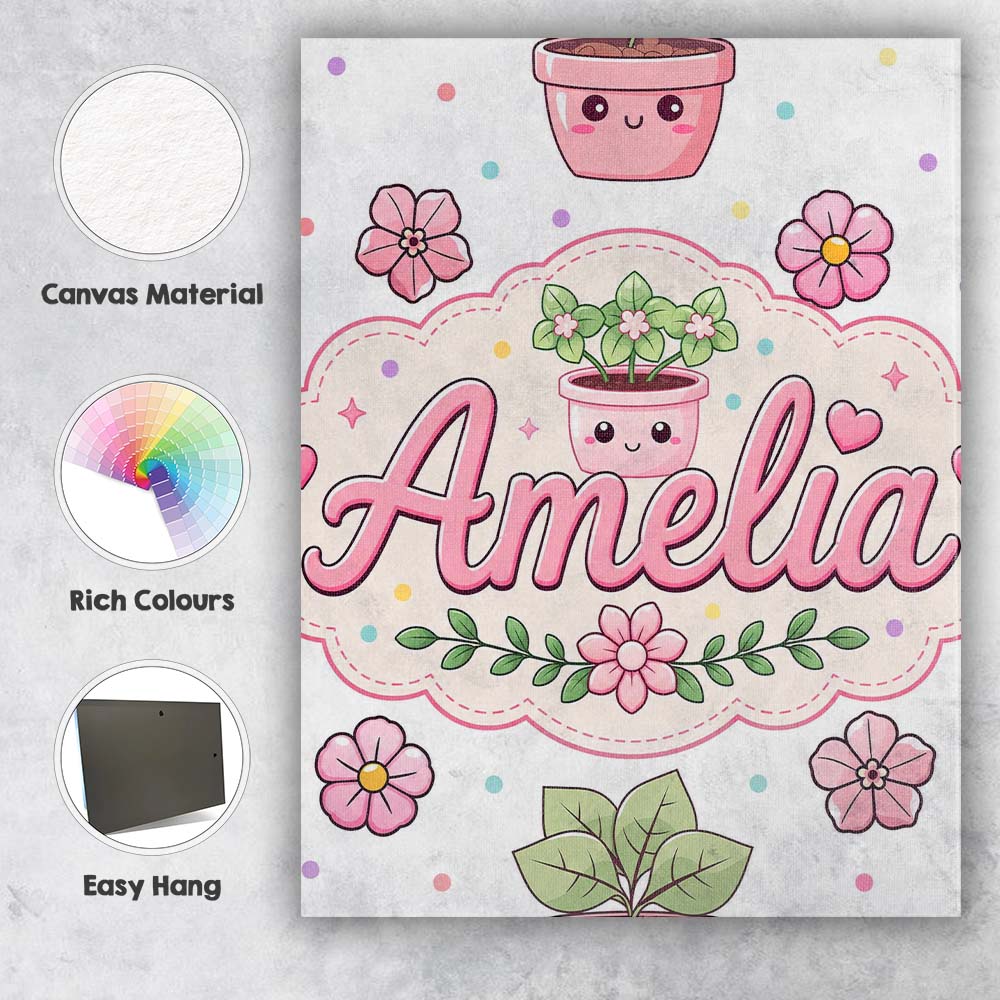 Personalised Name Cute Kawaii Flower Pots Custom  Unique Gift Idea Elegant Feature Canvas Wall Art Print Decor Picture Ready to Hang