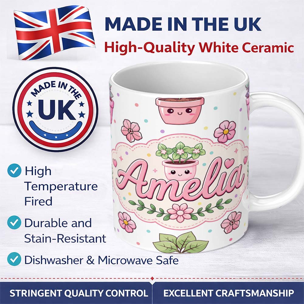 Personalized Custom Name Cute Kawaii Flower Pots Blossom Grey Background Seamless Pattern 11oz Ceramic Coffee Tea Mug White Large Handle