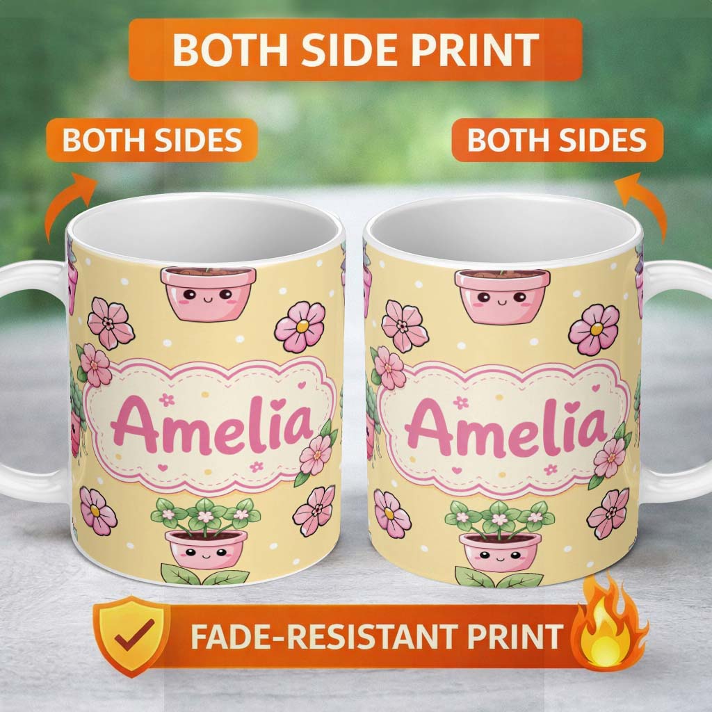 Personalized Custom Name Cute Kawaii Flower Pots Blossom Yellow Background Seamless Pattern 11oz Ceramic Coffee Tea Mug White Large Handle