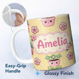 Personalized Custom Name Cute Kawaii Flower Pots Blossom Yellow Background Seamless Pattern 11oz Ceramic Coffee Tea Mug White Large Handle