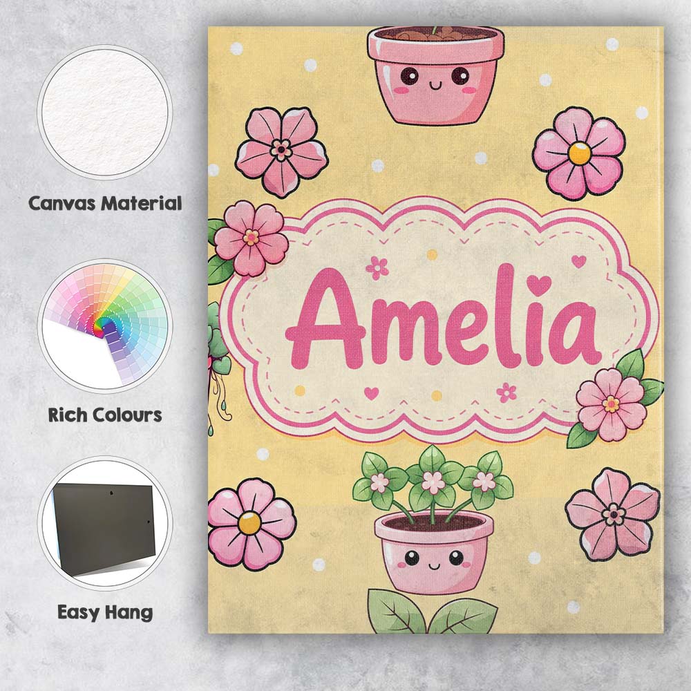 Personalised Name Cute Kawaii Flower Pots Custom  Unique Gift Idea Elegant Feature Canvas Wall Art Print Decor Picture Ready to Hang