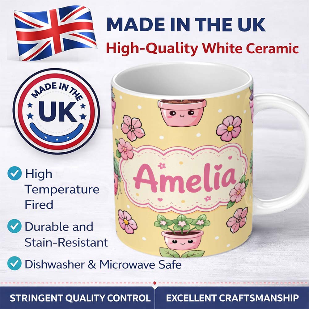 Personalized Custom Name Cute Kawaii Flower Pots Blossom Yellow Background Seamless Pattern 11oz Ceramic Coffee Tea Mug White Large Handle