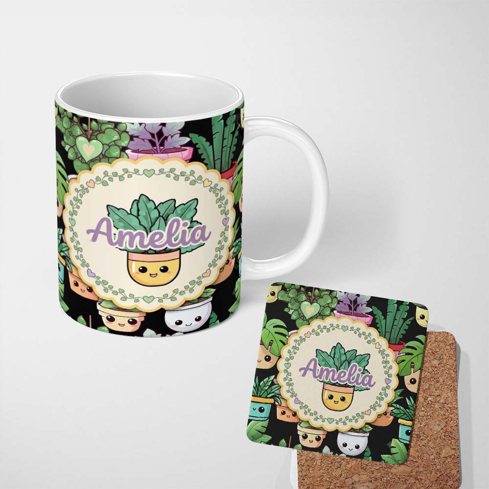 Personalized Custom Name Cute Kawaii Indoor House Plants Black Background Seamless Pattern 11oz Ceramic Coffee Tea Mug White Large Handle