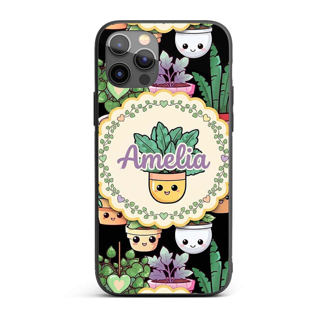 Cute Kawaii Indoor House Plants Black Background Custom Name Protective Phone Case Mobile Cover Durable Everyday Smartphone Shock Resistant