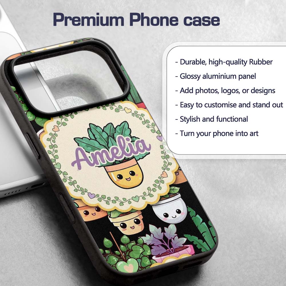 Cute Kawaii Indoor House Plants Black Background Custom Name Protective Phone Case Mobile Cover Durable Everyday Smartphone Shock Resistant